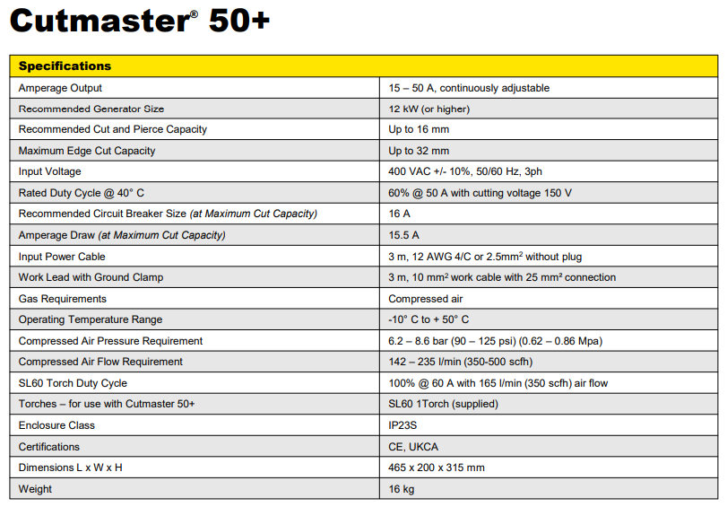 ESAB Cutmaster 50+ Spec